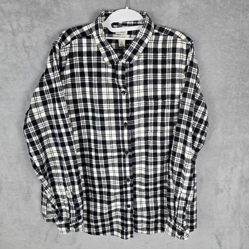LL Bean Flannel Shirt Mens XL Tall Black White Plaid Relaxed Fit Cotton 512769
